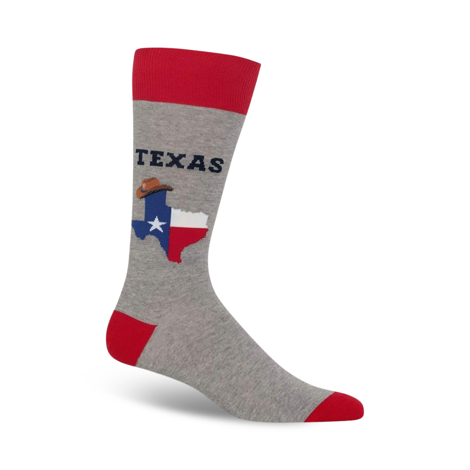 Grey crew socks with red cuffs, featuring the Texas flag, cowboy hat, and 'TEXAS' lettering.