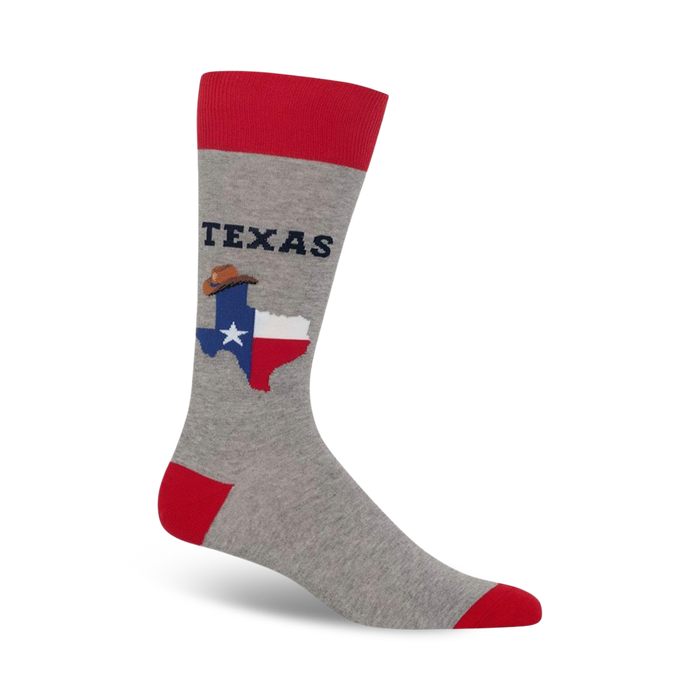 crew length grey cotton socks with red toe, heel, and cuff. black outline of texas with brown cowboy hat and blue star in the middle.   
