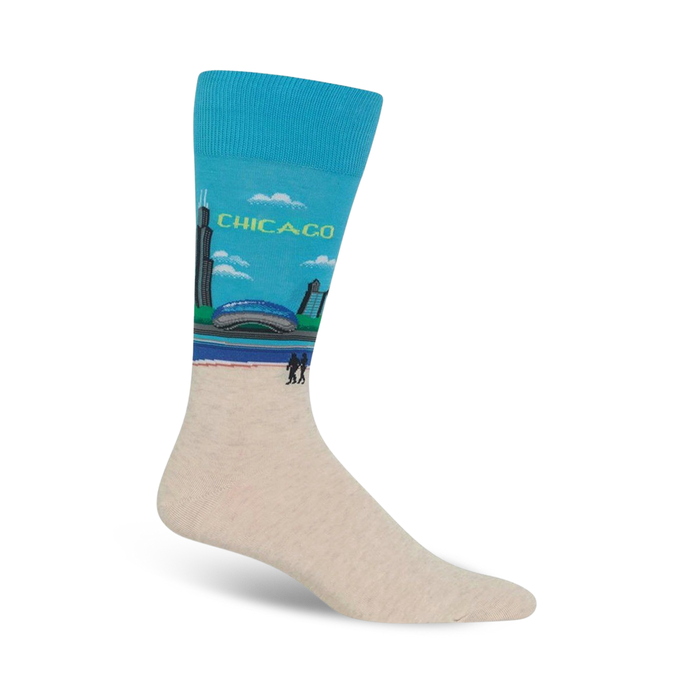 Crew socks showcasing a Chicago skyline in teal and beige. The design includes the city's famous Bean sculpture and two figures walking along the waterfront.