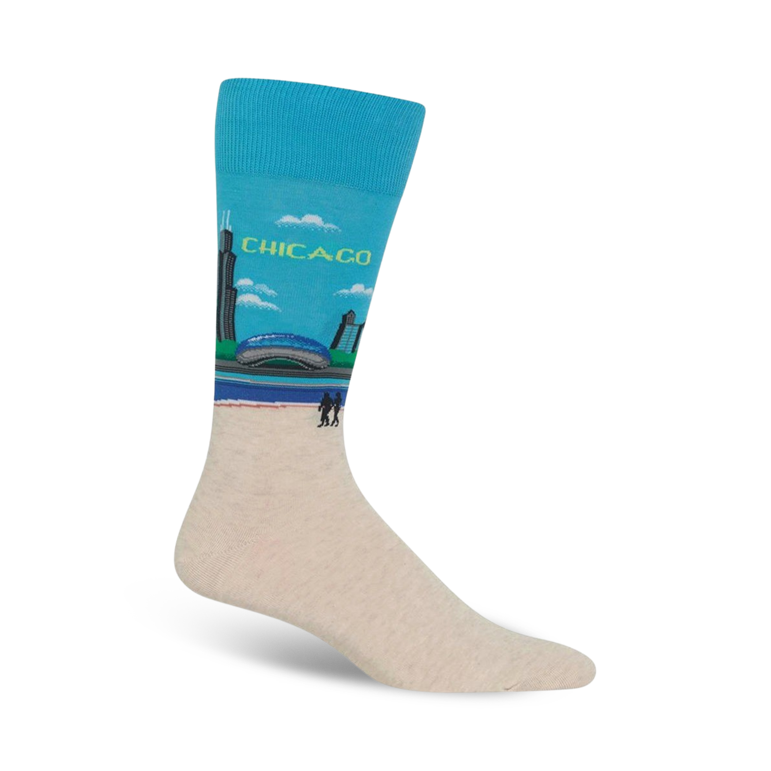 Crew socks showcasing a Chicago skyline in teal and beige. The design includes the city's famous Bean sculpture and two figures walking along the waterfront.