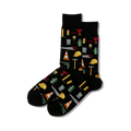A pair of black crew socks with a fun pattern of colorful construction tools like hammers, hard hats, and paint cans.