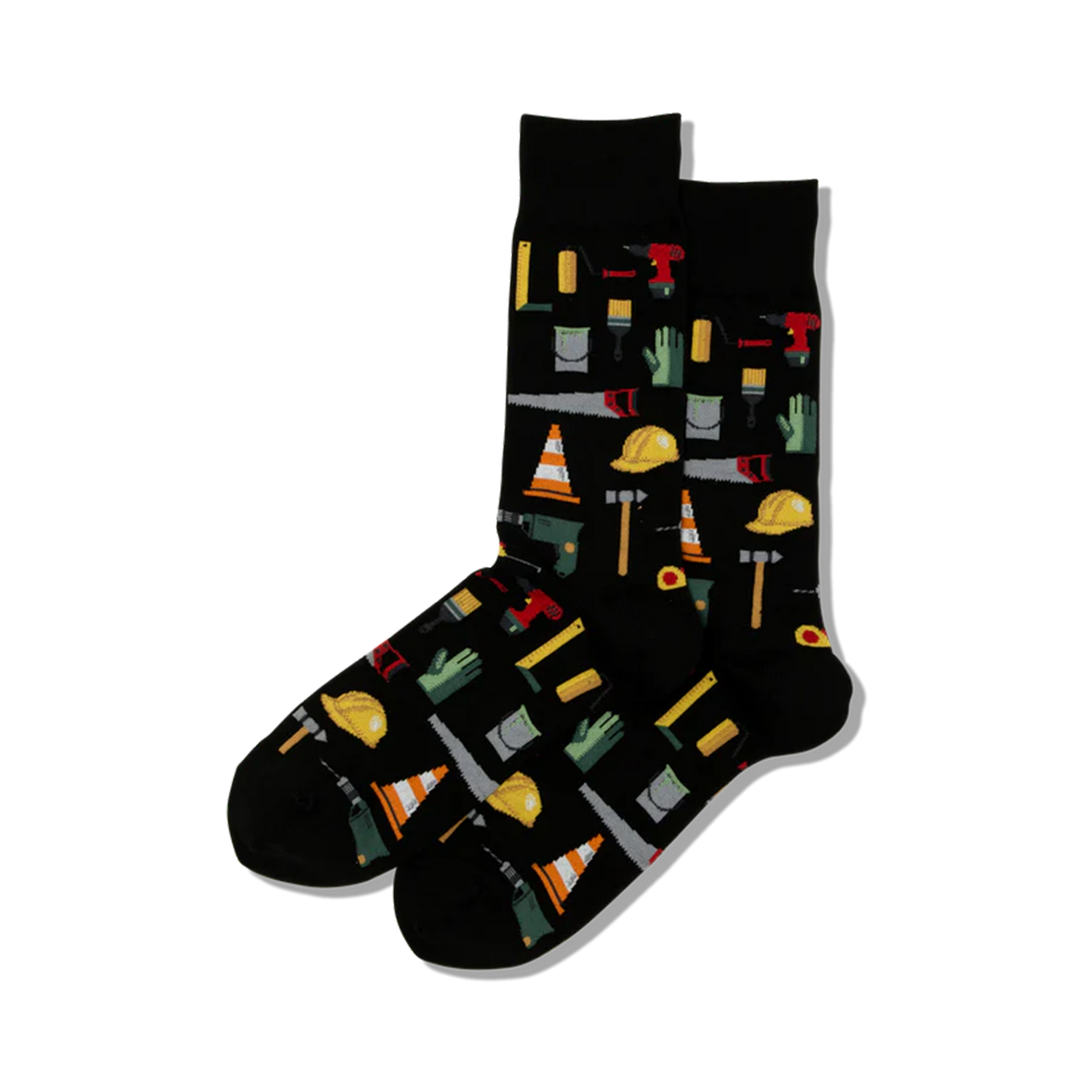 A pair of black crew socks with a fun pattern of colorful construction tools like hammers, hard hats, and paint cans.
