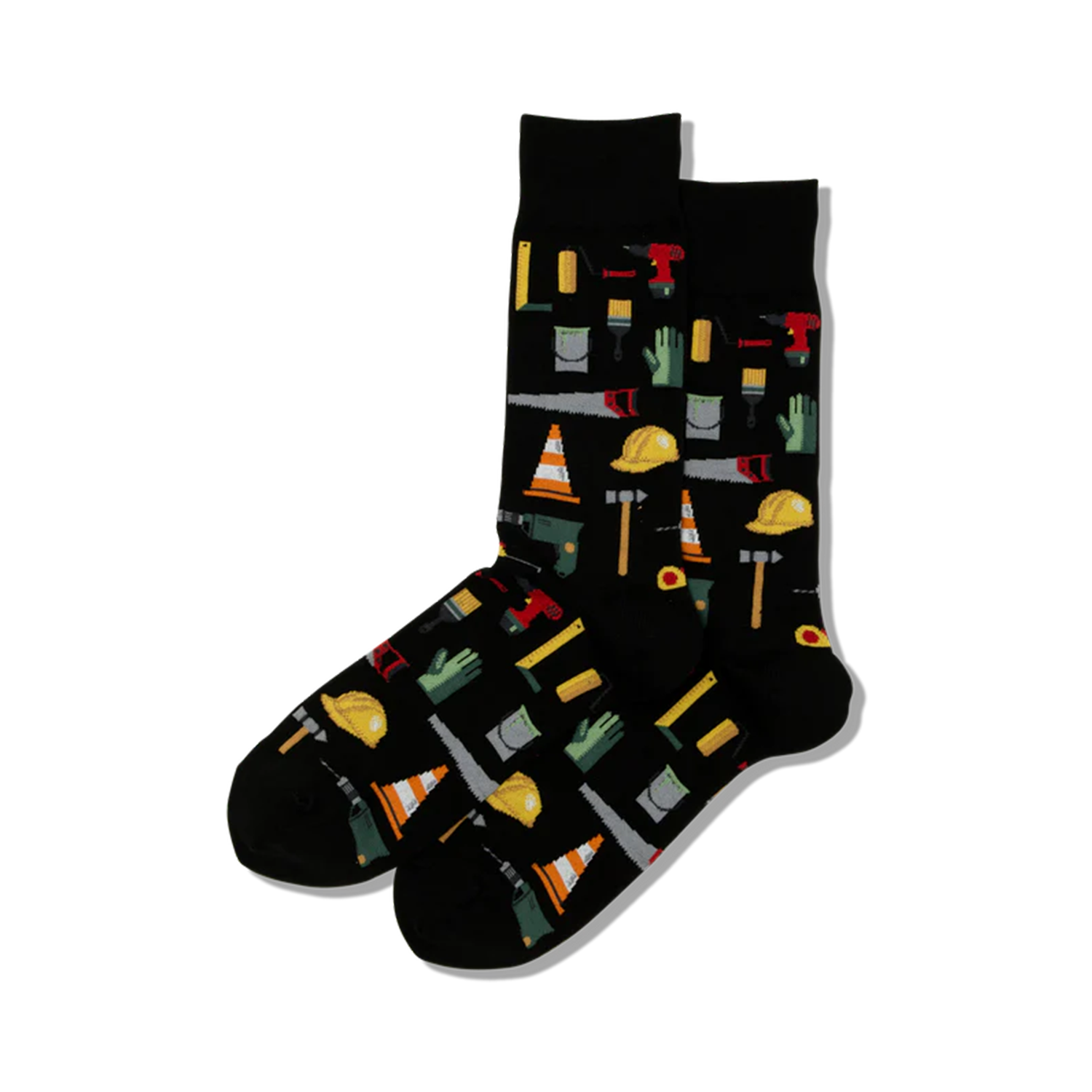 A pair of black crew socks with a fun pattern of colorful construction tools like hammers, hard hats, and paint cans.