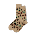 Pair of beige crew socks with a repeating pattern of brown bears, green tents, and evergreen trees. Campfire details add to the cozy, outdoorsy theme.