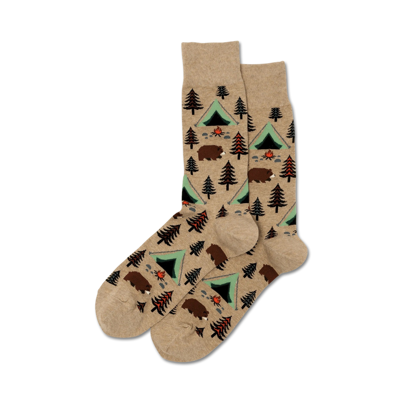 Pair of beige crew socks with a repeating pattern of brown bears, green tents, and evergreen trees. Campfire details add to the cozy, outdoorsy theme.