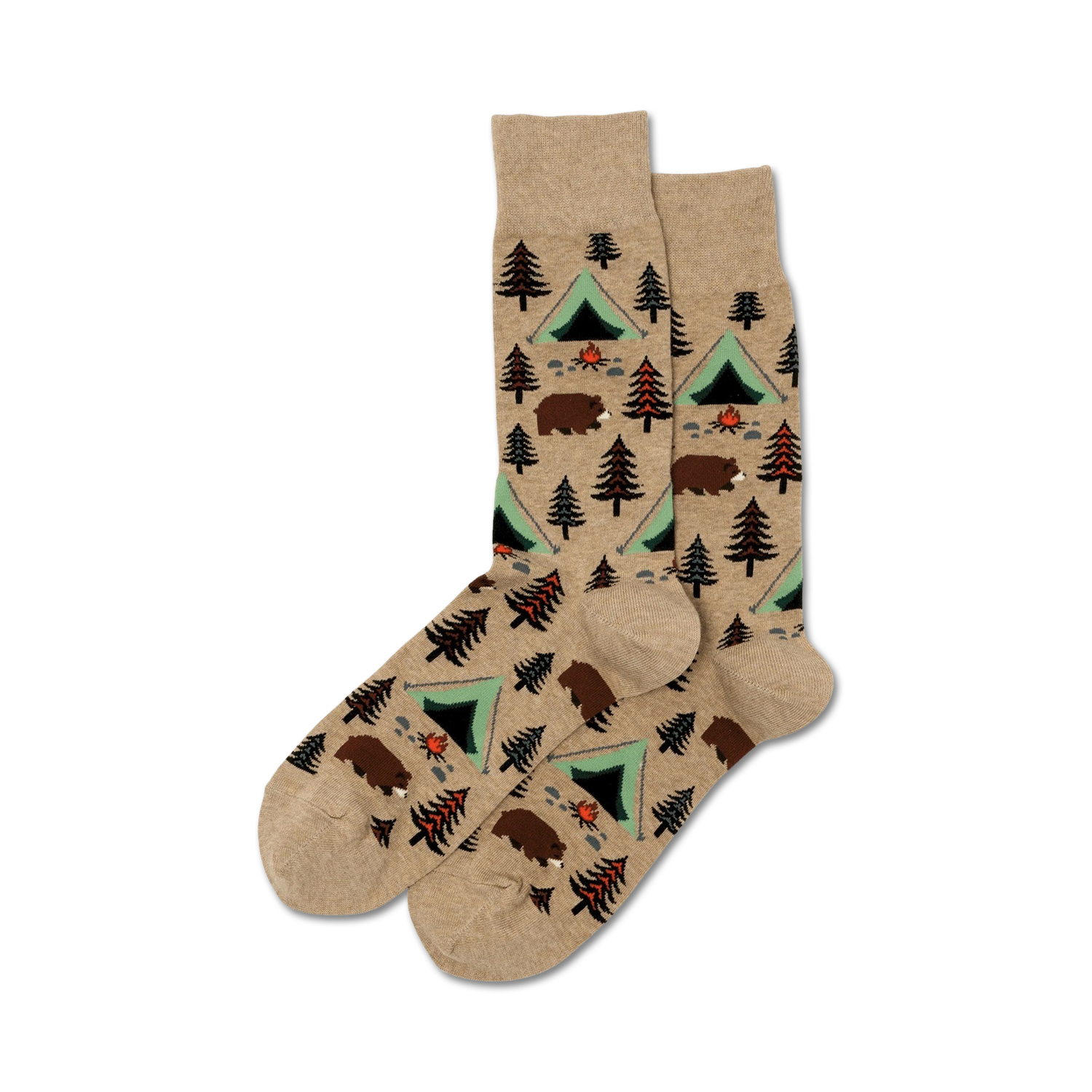 Pair of beige crew socks with a repeating pattern of brown bears, green tents, and evergreen trees. Campfire details add to the cozy, outdoorsy theme.
