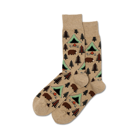 brown cotton crew length socks with cartoon bears, green pine trees, campfires and green pup tents. perfect for men who love camping.  