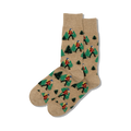 Pair of crew socks in beige featuring a repeating pattern of hikers and pine trees.  Perfect for outdoor enthusiasts!