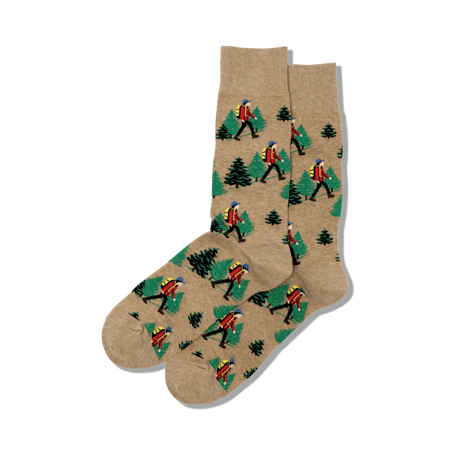 Pair of crew socks in beige featuring a repeating pattern of hikers and pine trees.  Perfect for outdoor enthusiasts!
