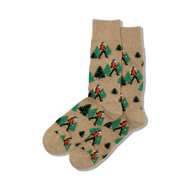 hiker themed brown crew socks featuring red-shirted hiker with blue pants and yellow backpack walking through a green pine forest.  