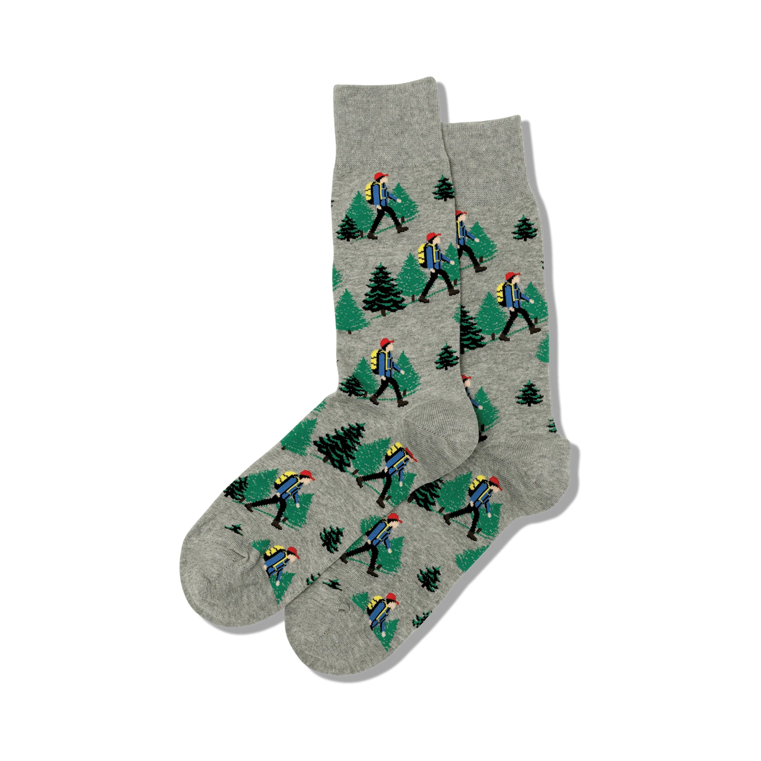 Close-up of grey Hiker socks showcasing the hiker and pine tree pattern.