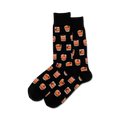 Pair of crew socks in navy blue and black, featuring a repeating pattern of illustrated Old Fashioned cocktails with cherries and orange slices.