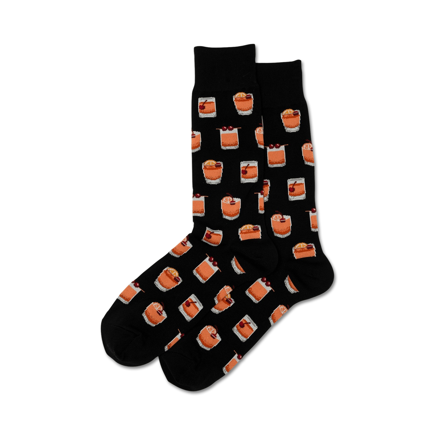 Pair of crew socks in navy blue and black, featuring a repeating pattern of illustrated Old Fashioned cocktails with cherries and orange slices.