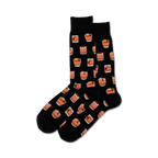 Pair of crew socks in navy blue and black, featuring a repeating pattern of illustrated Old Fashioned cocktails with cherries and orange slices.