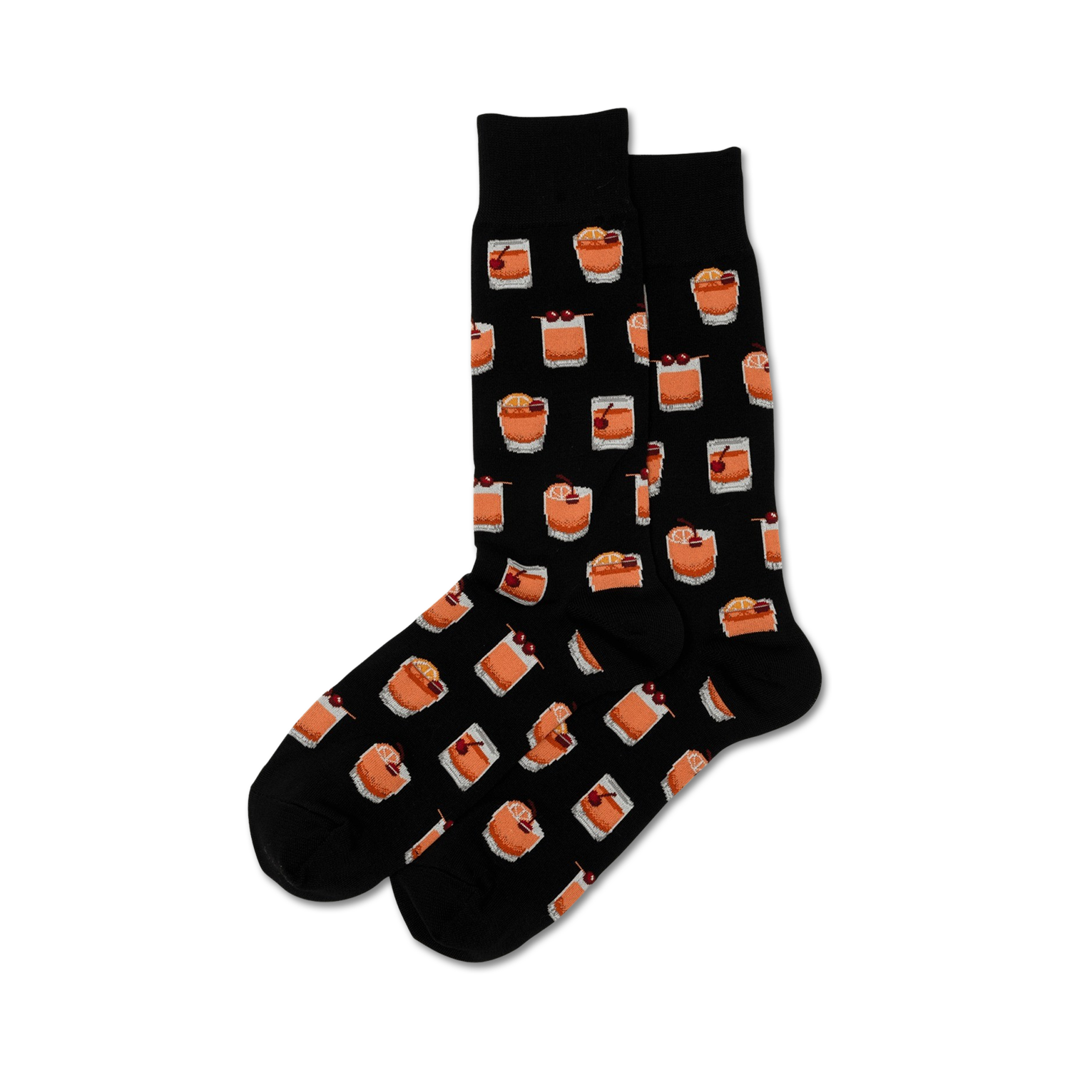 Pair of crew socks in navy blue and black, featuring a repeating pattern of illustrated Old Fashioned cocktails with cherries and orange slices.