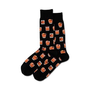 black "old fashioned" men's crew length socks with orange cocktail glasses, cherries, and orange slice pattern all over.  