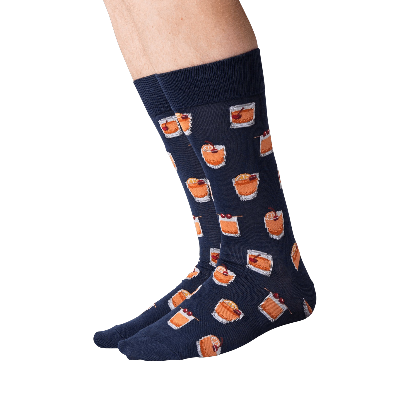 Back view of navy blue Old Fashioned cocktail socks on a person's legs.