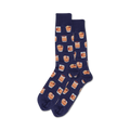 Close-up of navy blue Old Fashioned cocktail socks on a person's legs.
