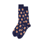 Close-up of navy blue Old Fashioned cocktail socks on a person's legs.