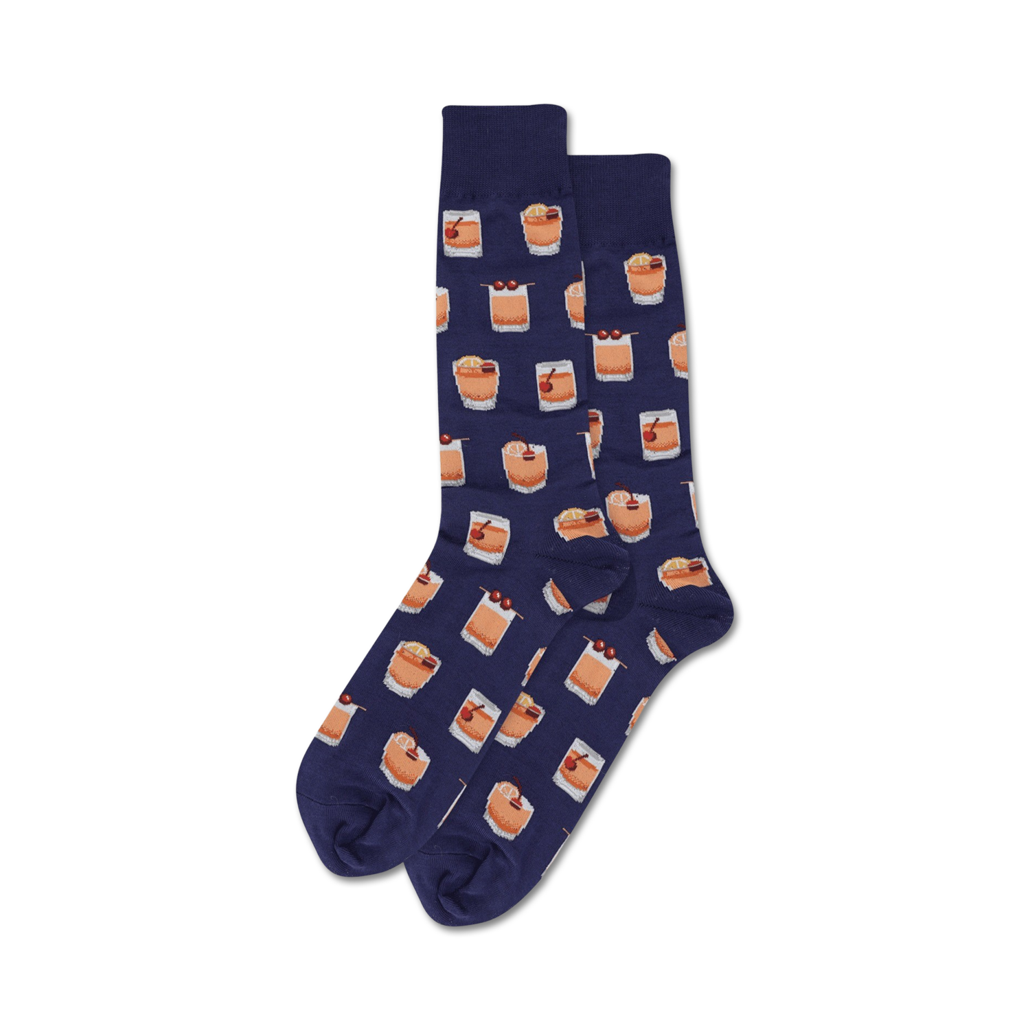 Close-up of navy blue Old Fashioned cocktail socks on a person's legs.