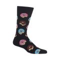 Black crew socks with a fun pattern of pink, blue, and chocolate glazed donuts.