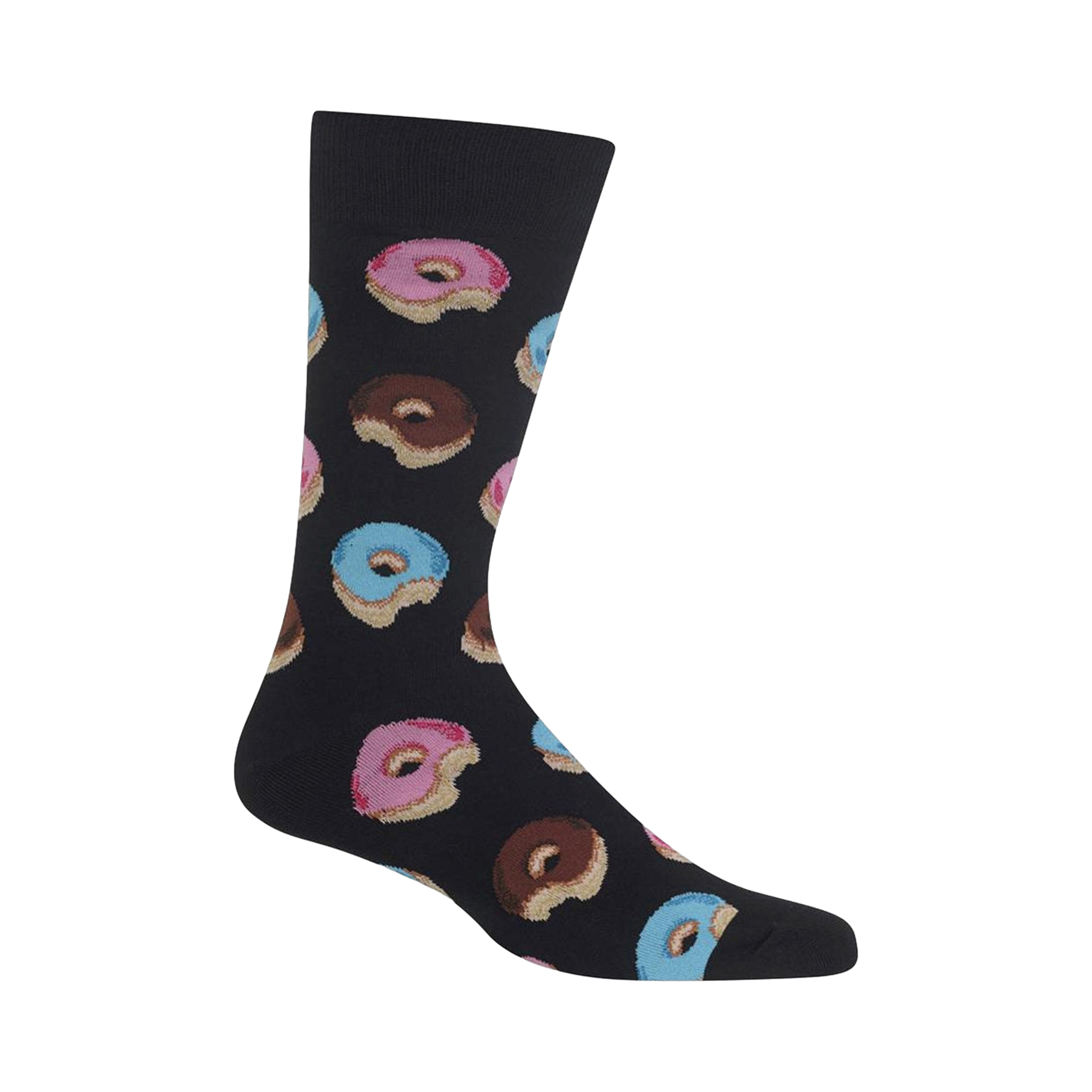 Black crew socks with a fun pattern of pink, blue, and chocolate glazed donuts.