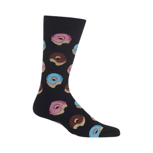 Black crew socks with a fun pattern of pink, blue, and chocolate glazed donuts.