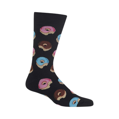 Black crew socks with a fun pattern of pink, blue, and chocolate glazed donuts.