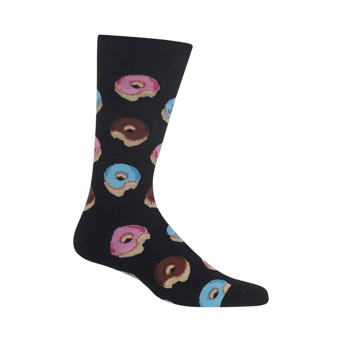Black crew socks with a fun pattern of pink, blue, and chocolate glazed donuts.