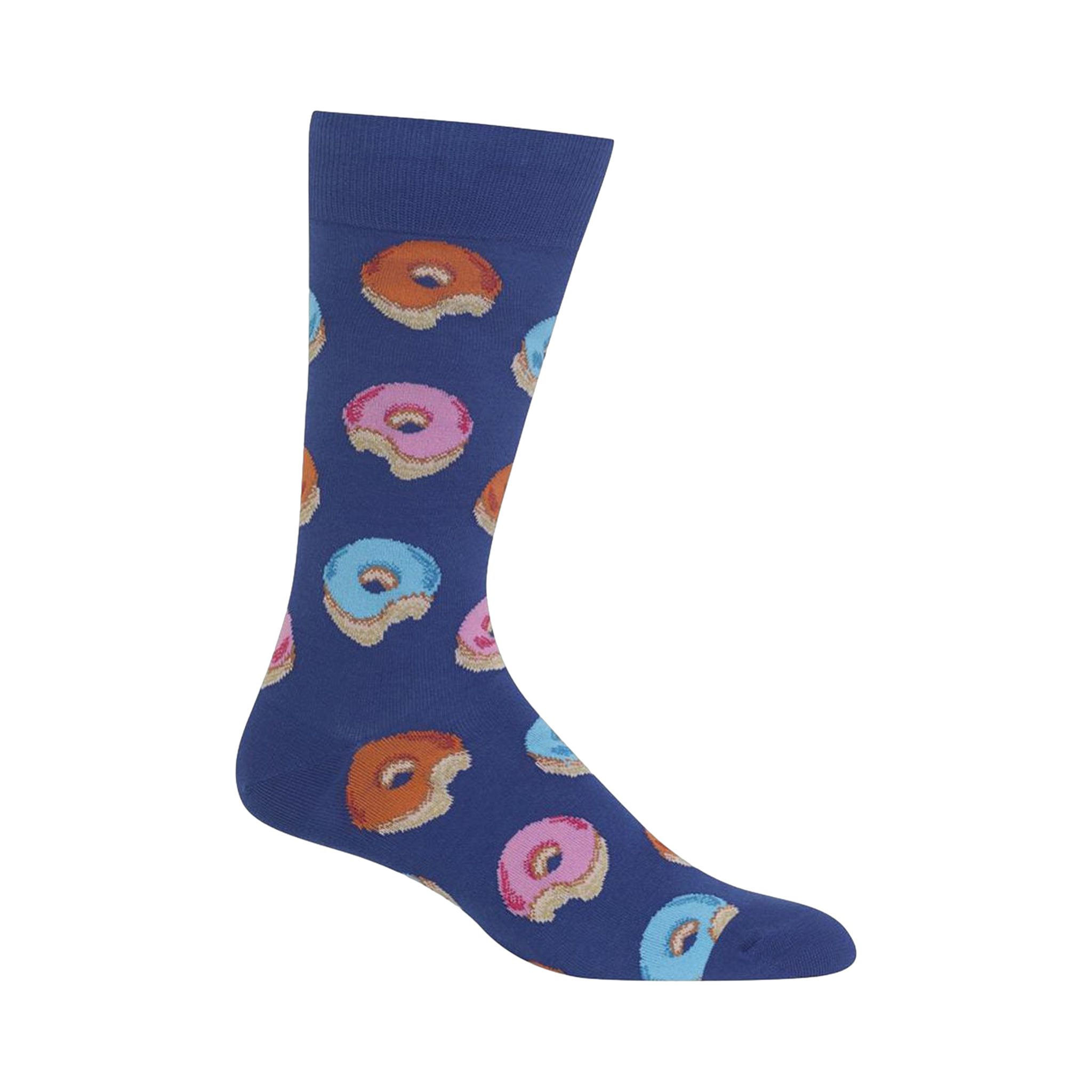 Lifestyle shot of a person's feet wearing the blue donut socks.