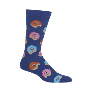 Lifestyle shot of a person's feet wearing the blue donut socks.