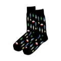 Pair of crew socks, black and tan options, showcasing a whimsical pattern of colorful fishing lures, bobbers, and hooks.