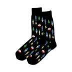 Pair of crew socks, black and tan options, showcasing a whimsical pattern of colorful fishing lures, bobbers, and hooks.