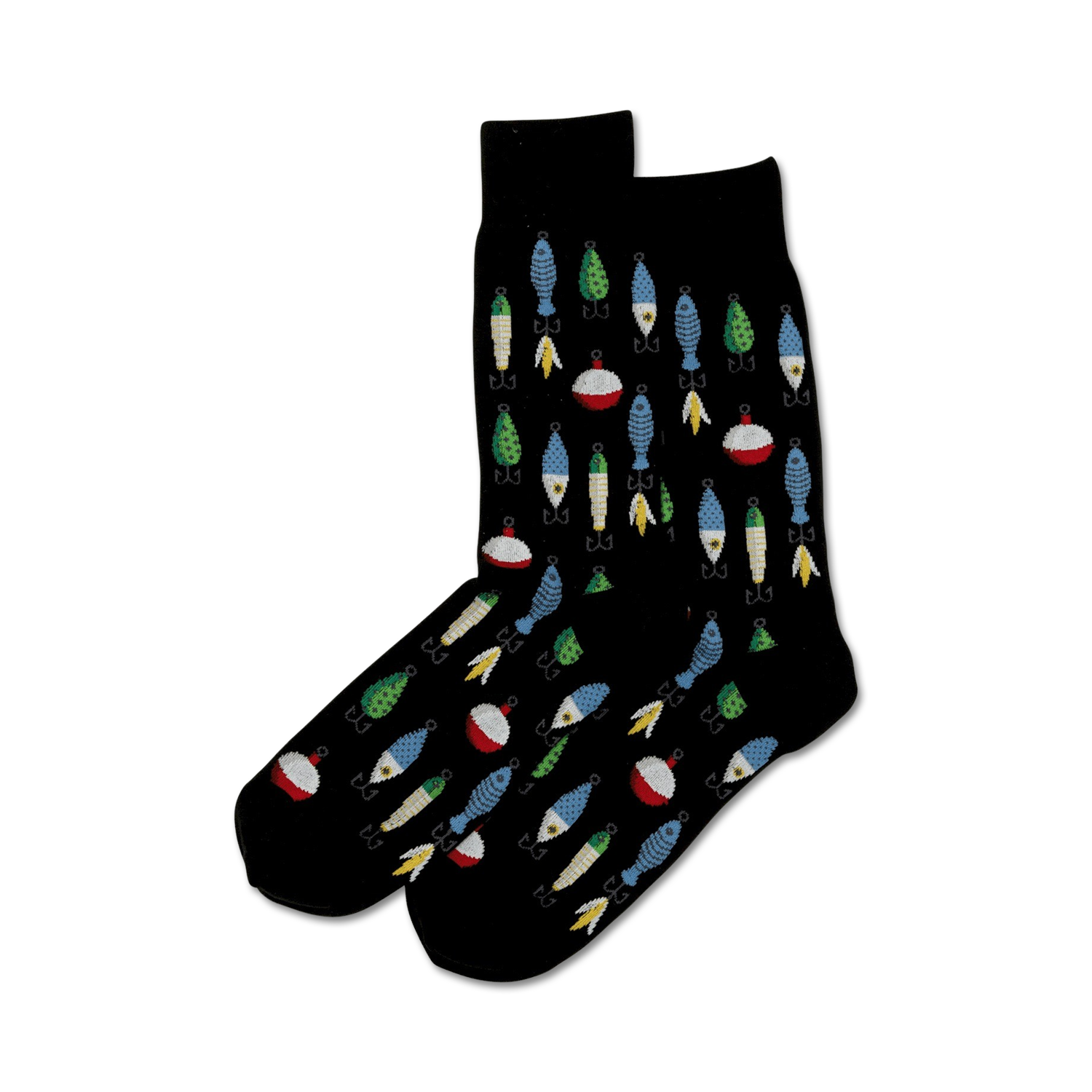 Pair of crew socks, black and tan options, showcasing a whimsical pattern of colorful fishing lures, bobbers, and hooks.