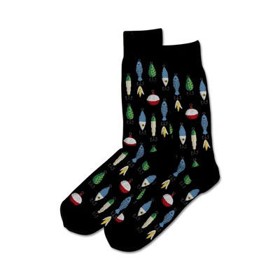 black crew socks with fishing lures, bobbers, and fish patterns.  