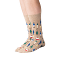 Flat lay of tan Fishing Lure socks, highlighting the full pattern and details of the sock design.