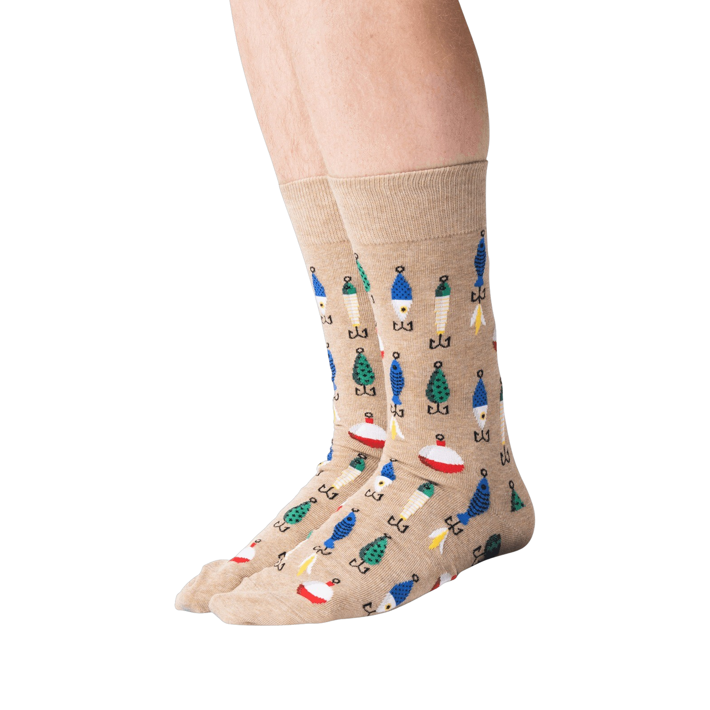 Flat lay of tan Fishing Lure socks, highlighting the full pattern and details of the sock design.