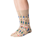 Flat lay of tan Fishing Lure socks, highlighting the full pattern and details of the sock design.