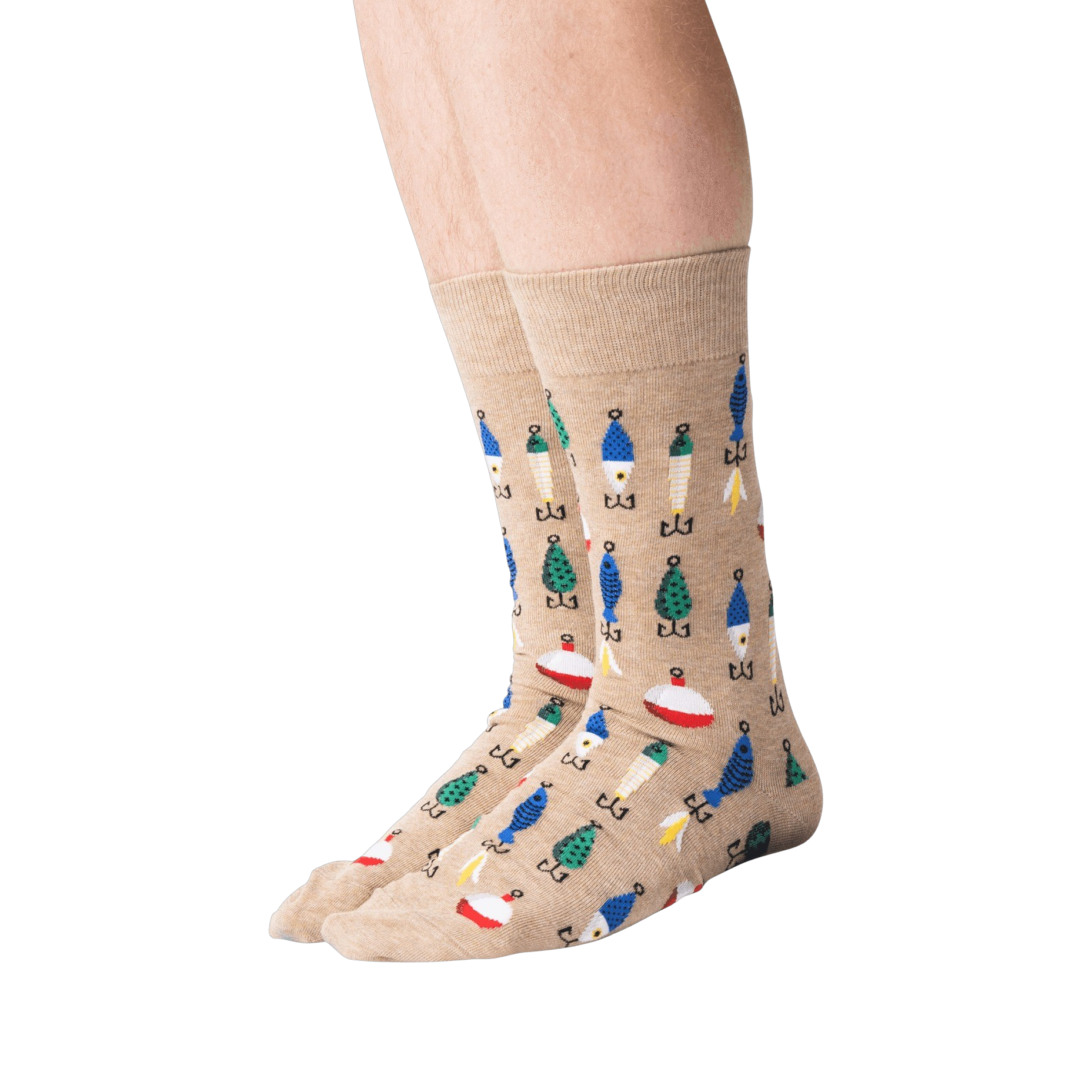 Flat lay of tan Fishing Lure socks, highlighting the full pattern and details of the sock design.