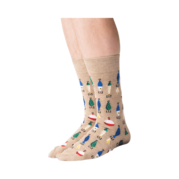 Flat lay of tan Fishing Lure socks, highlighting the full pattern and details of the sock design.