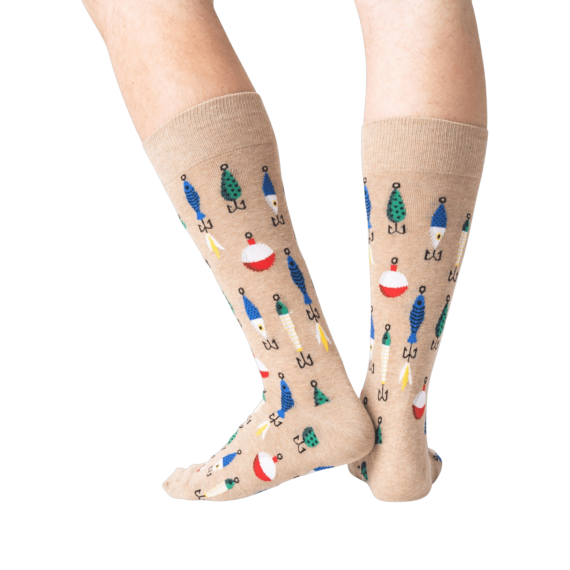 Back view of tan Fishing Lure socks on a model's legs, demonstrating how they look from the back.