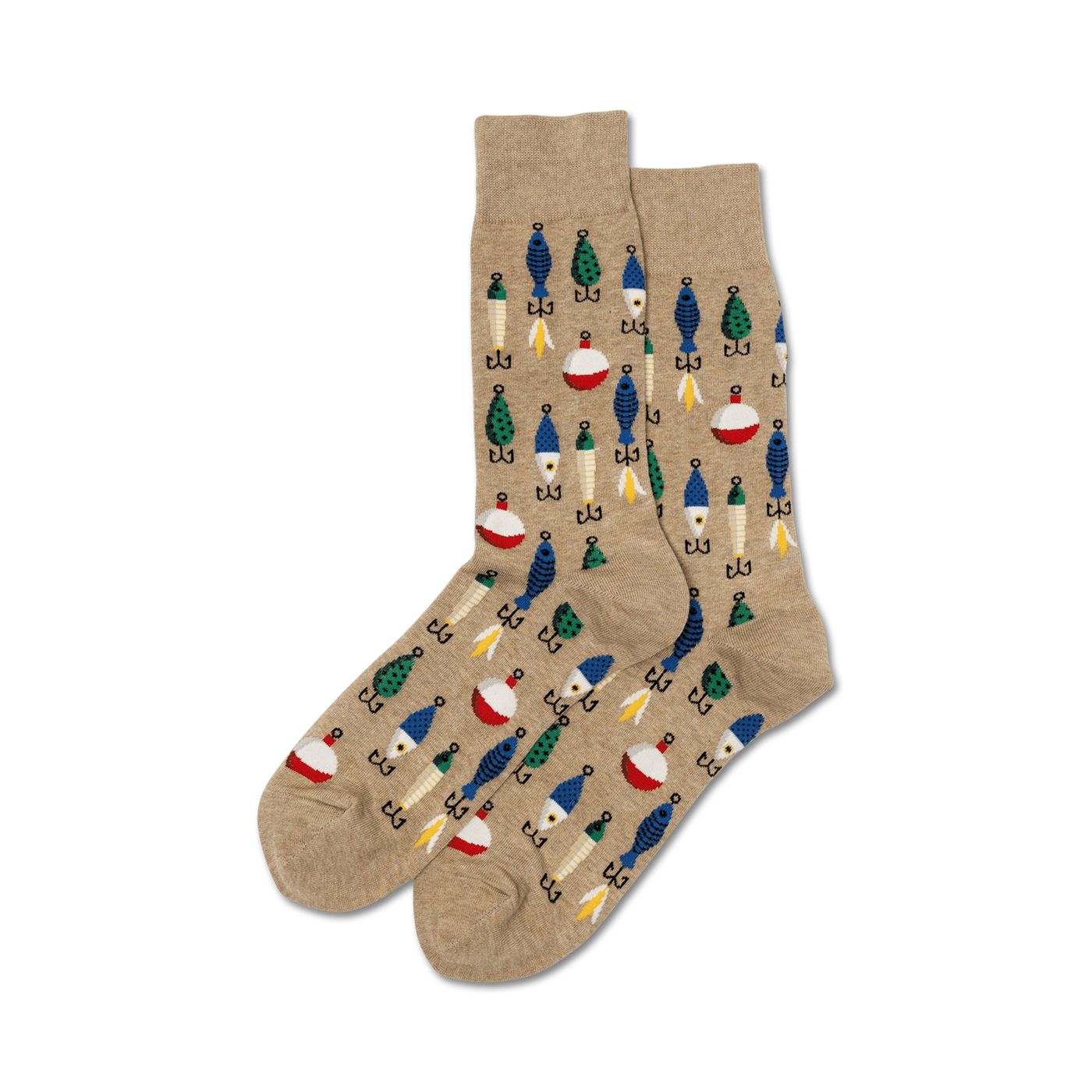 Tan Fishing Lure socks shown on a model's legs, showcasing the fit and design.