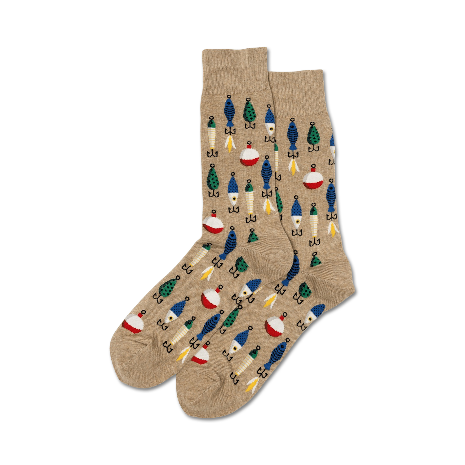Tan Fishing Lure socks shown on a model's legs, showcasing the fit and design.