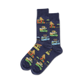 Pair of navy blue crew socks with colorful food truck designs.  The trucks feature pizza, burgers, hot dogs, and pretzels. 