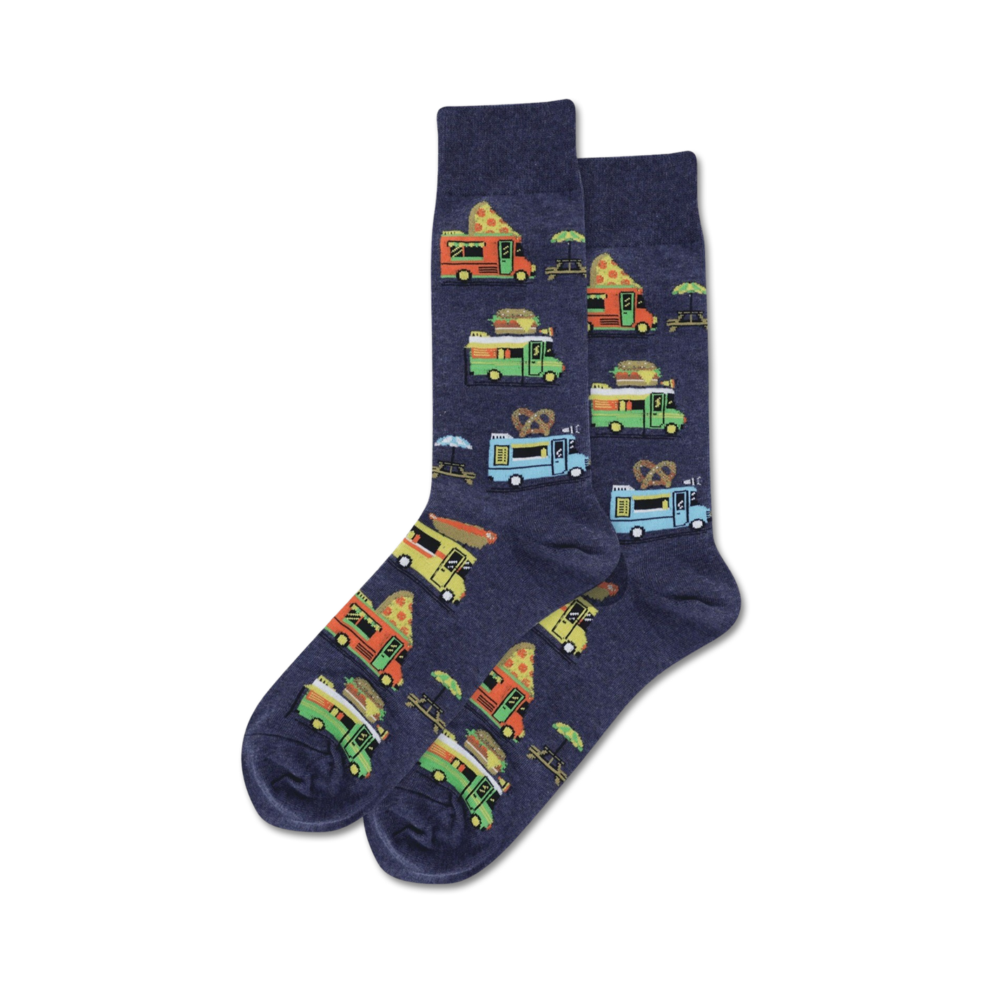 Pair of navy blue crew socks with colorful food truck designs.  The trucks feature pizza, burgers, hot dogs, and pretzels. 