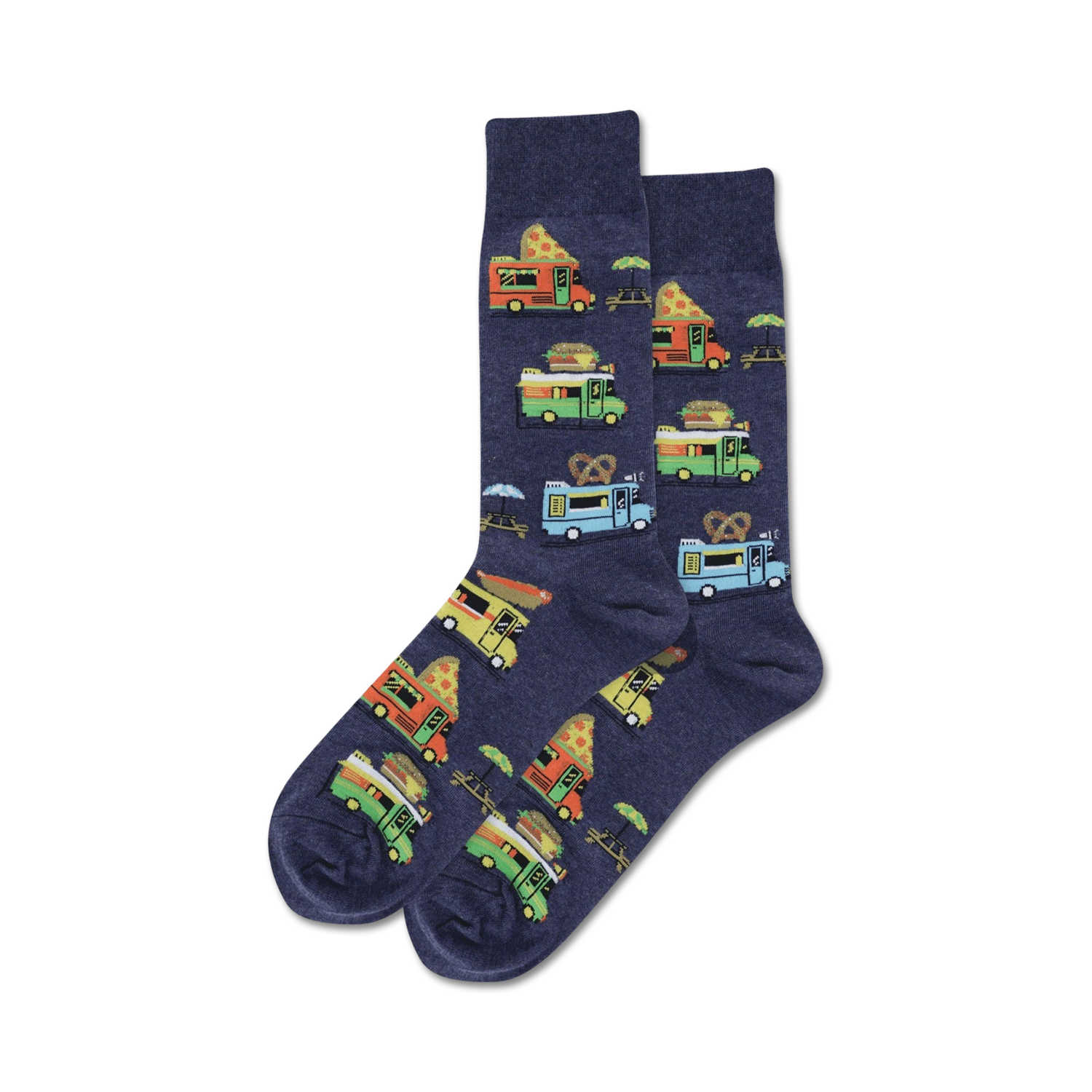 Pair of navy blue crew socks with colorful food truck designs.  The trucks feature pizza, burgers, hot dogs, and pretzels. 