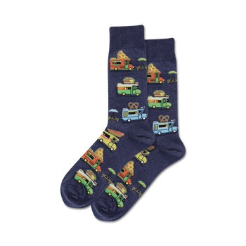 Pair of navy blue crew socks with colorful food truck designs.  The trucks feature pizza, burgers, hot dogs, and pretzels. 