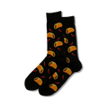 Pair of crew socks in black, blue, or gray with a repeating pattern of tacos and red chili peppers.