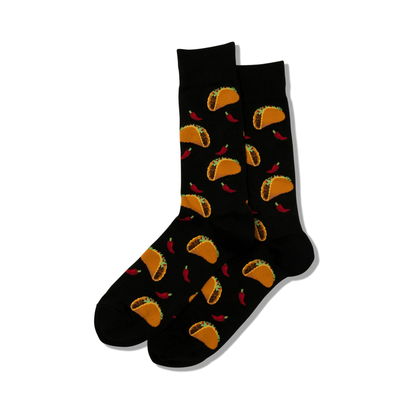 Pair of crew socks in black, blue, or gray with a repeating pattern of tacos and red chili peppers.