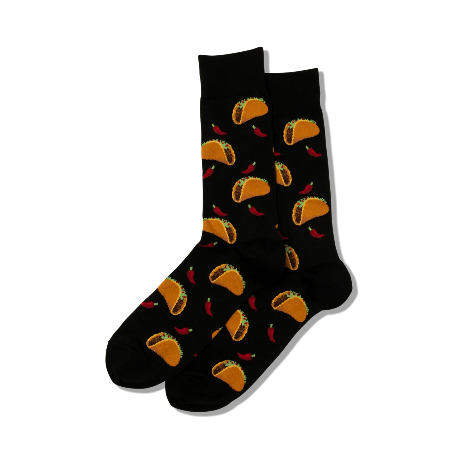 Pair of crew socks in black, blue, or gray with a repeating pattern of tacos and red chili peppers.